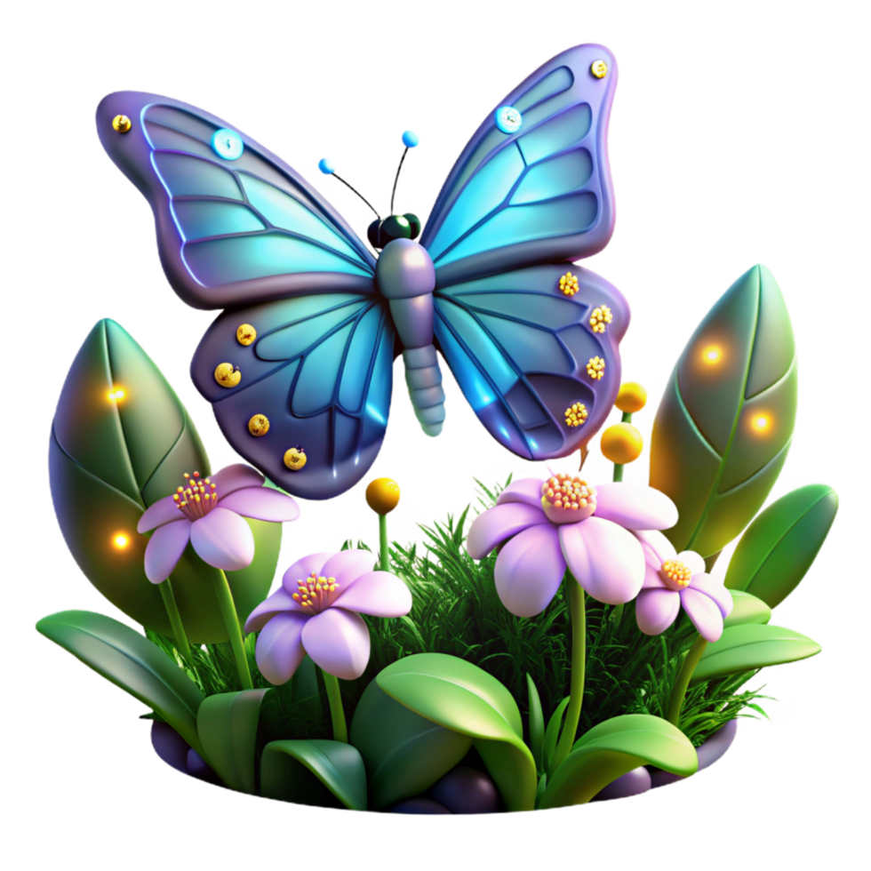 Enchanted Butterfly Garden 3D Render of Floral Scene with Luminescent Elements png
