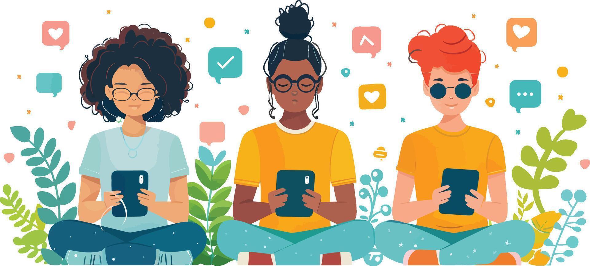 Three women sitting in a circle with their phones vector