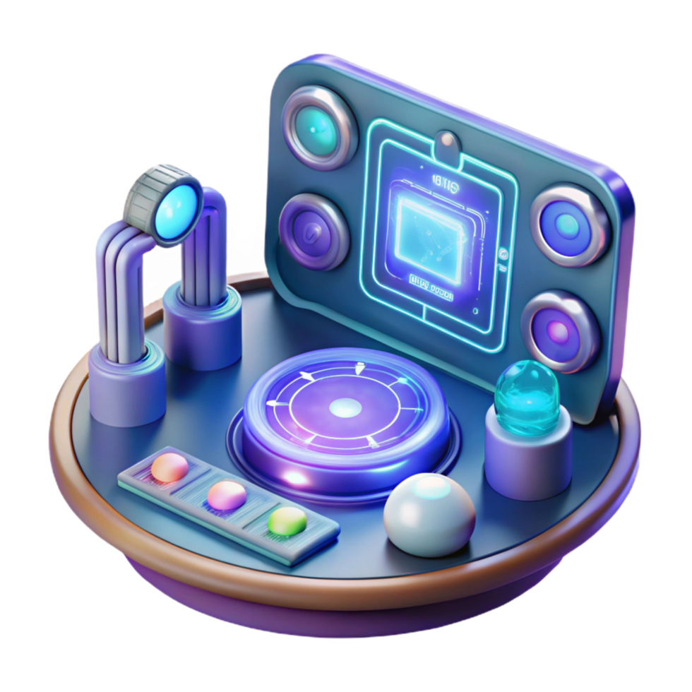 Futuristic Control Panel Interface Design with Luminous Buttons and Interactive Display png