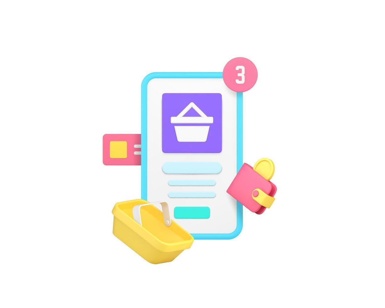 Online shopping supermarket marketplace smartphone application 3d icon realistic vector