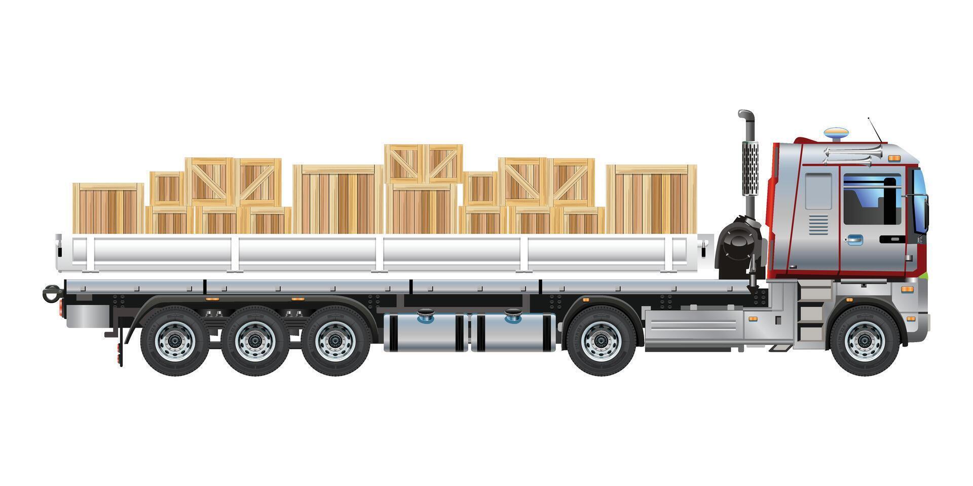 Truck cargo long pickup transporting piles of wooden boxes realistic illustration vector