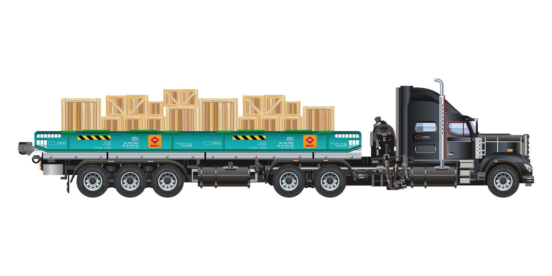 Semi Truck long pickup cargo transporting piles of wooden boxes realistic illustration vector