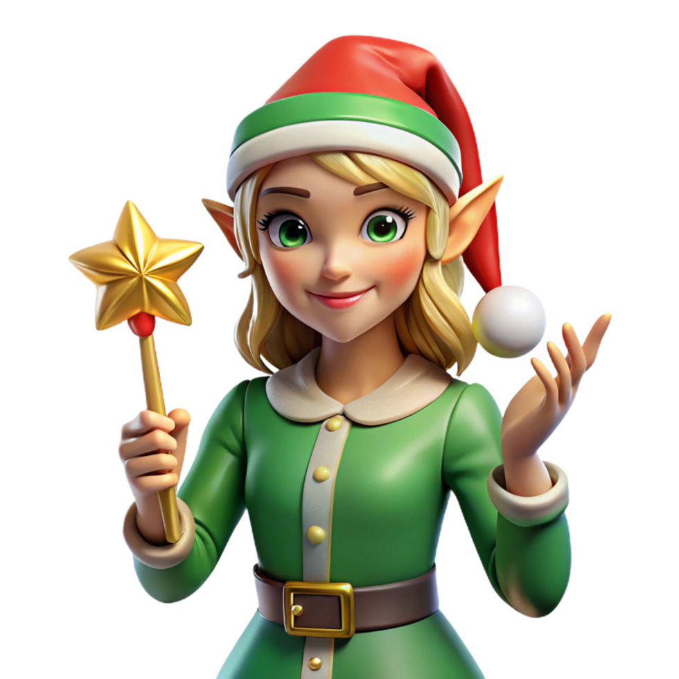 Christmas Elf with Magic Wand and Snowball Festive 3D Render png