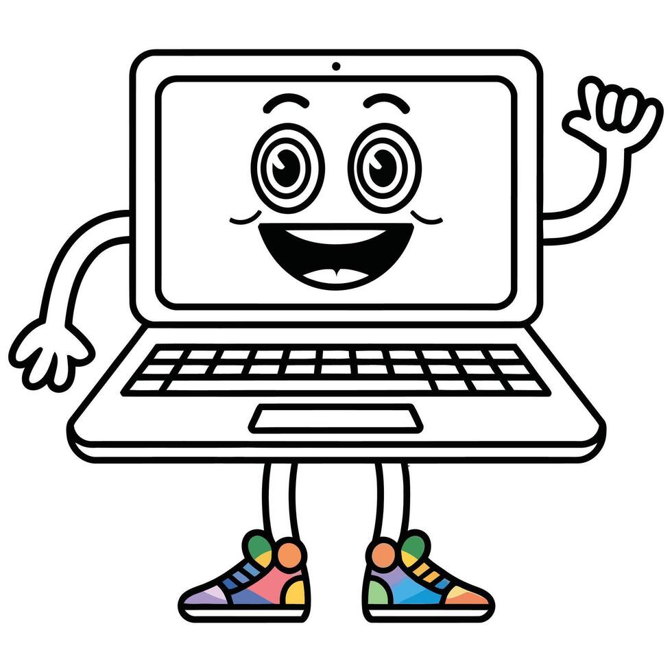Coloring page laptop cartoon character illustration vector