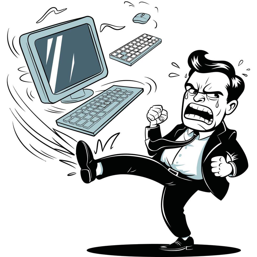 Cartoon angry businessman kicking a computer vector