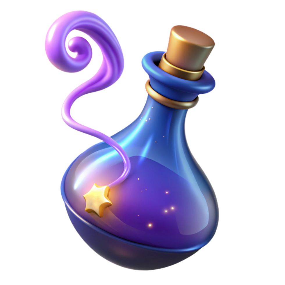 Magical Potion Bottle 3D Render of Fantasy Elixir with Glowing Star png