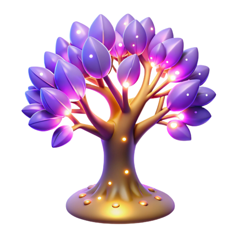 Glowing Fantasy Tree 3D Render of Illuminated Purple Leaves and Golden Branches png