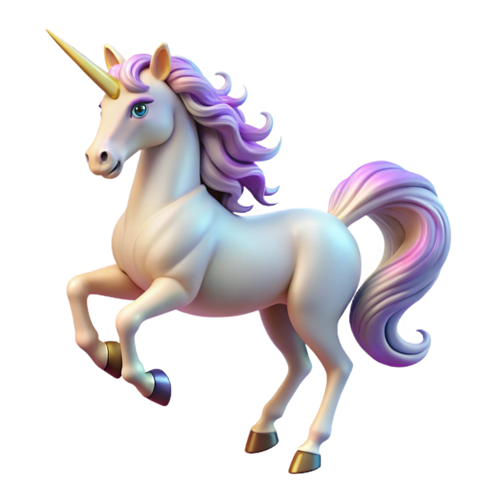 Magical Unicorn 3D Render of a Mythical Creature with a Golden Horn and Purple Mane png