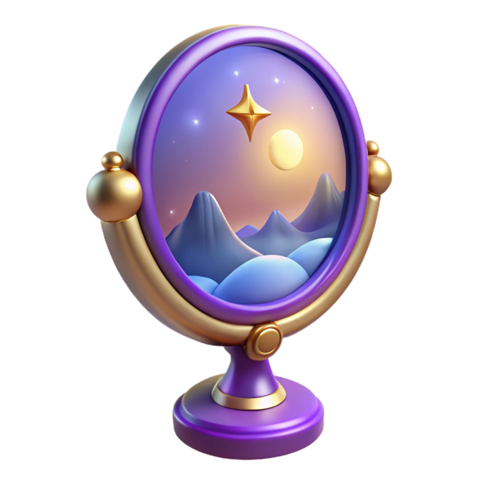 Enchanted 3D Render of a Fantasy Mirror Reflecting a Night Sky and Mountains png