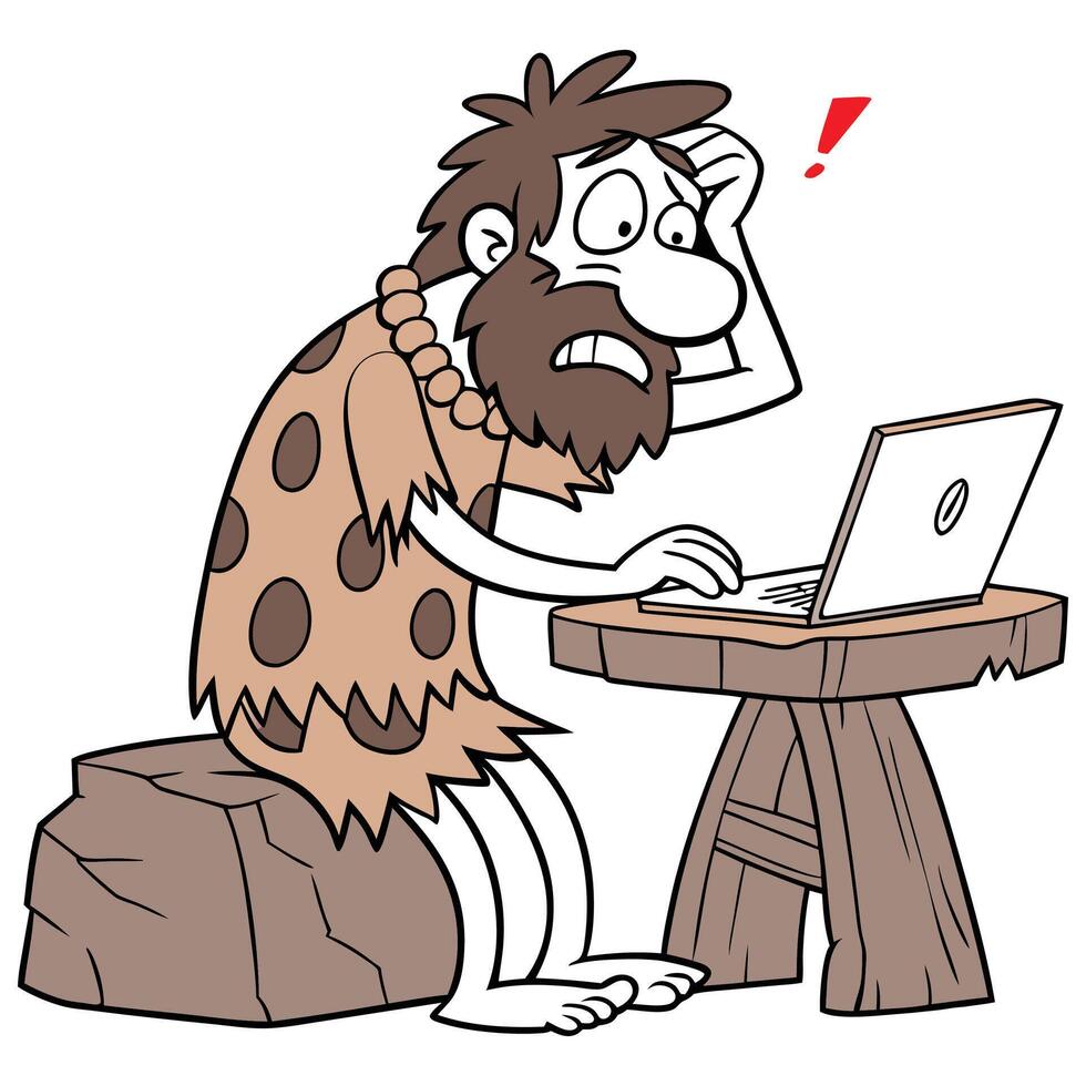 A cartoon caveman sitting at a table with a laptop vector