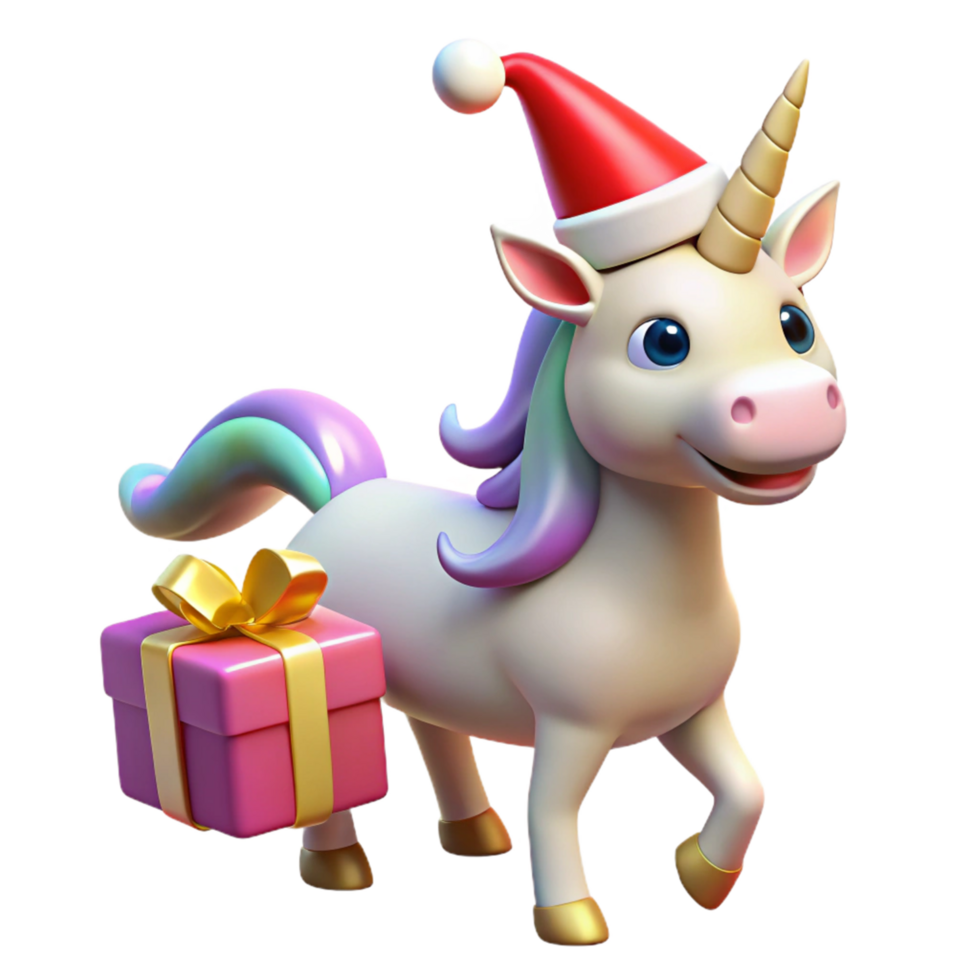 Christmas Unicorn with Gift Festive 3D Render png