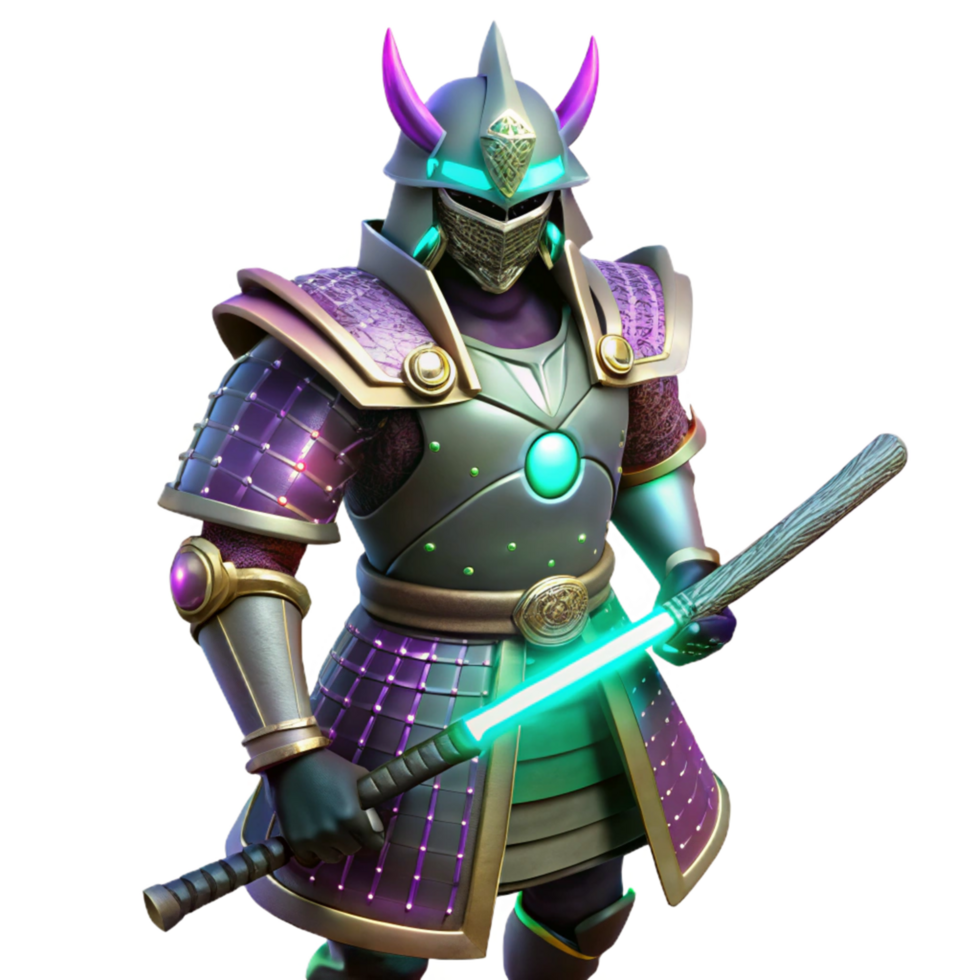 Neon Samurai Glowing Armor, Energy Sword, and Mystical Design png