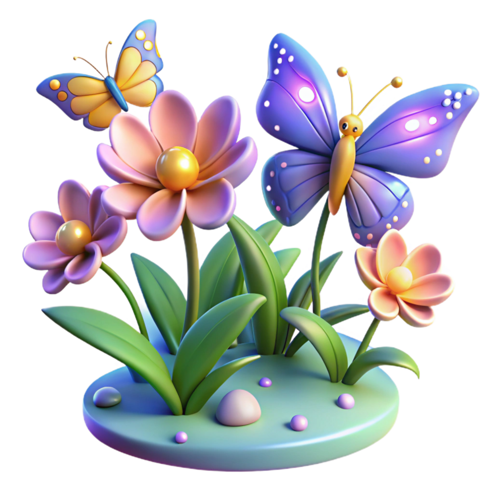 3D Render of Butterflies and Flowers in a Garden png