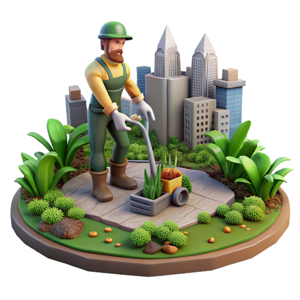 Urban Landscaping Gardener Maintaining Green Space Amidst Cityscape png