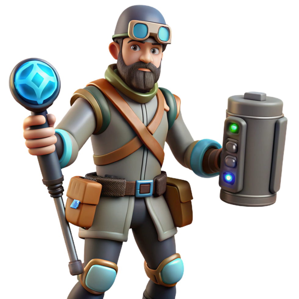 3D Render of Adventurer with Goggles, Staff, and Tech Device png