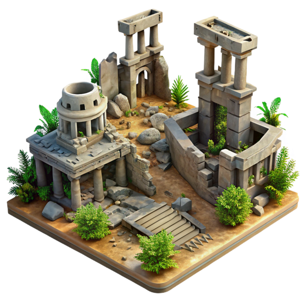 Ancient Ruins Isometric 3D Model of a Deserted Temple Complex png