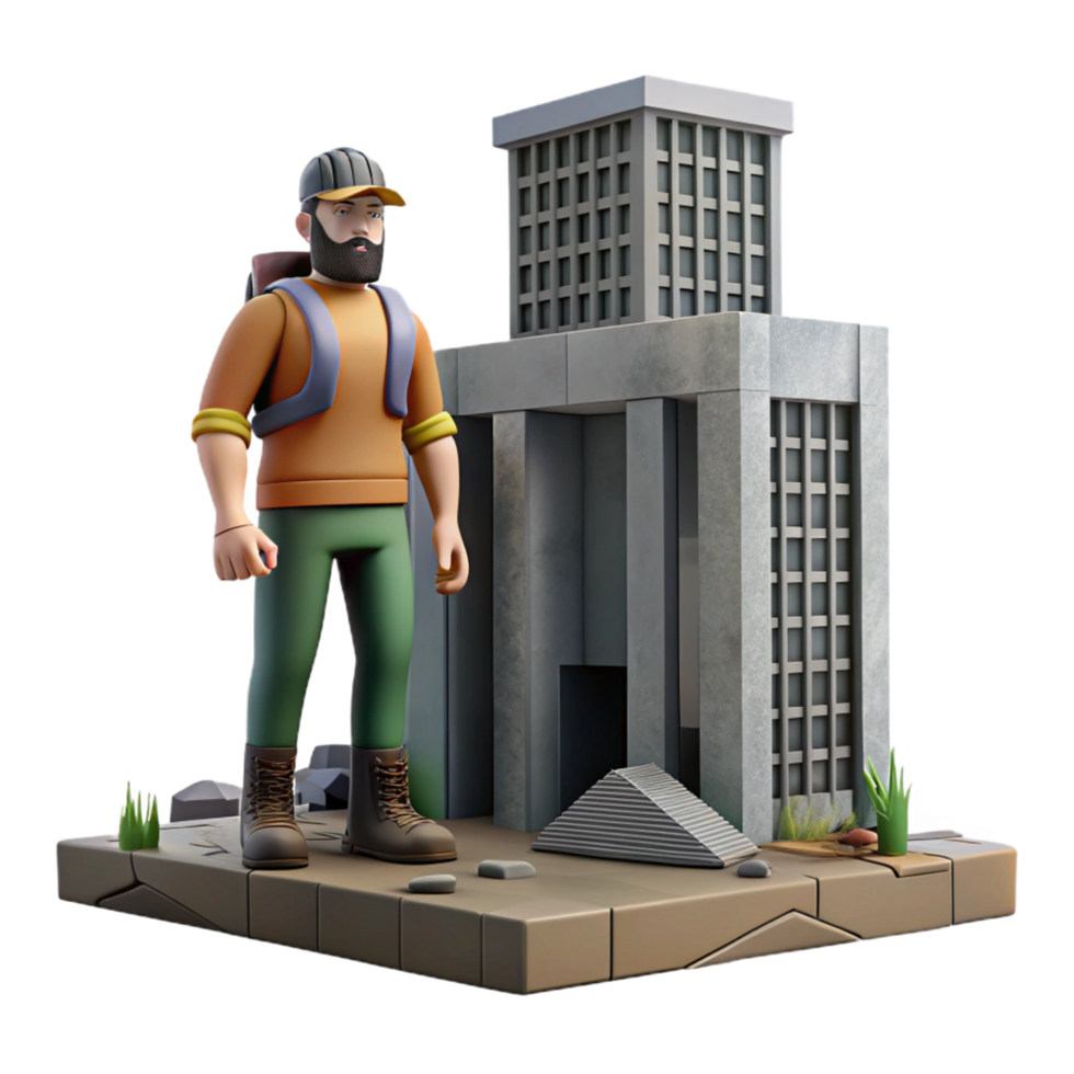 3D Render of Adventurer at Post Apocalyptic Building png