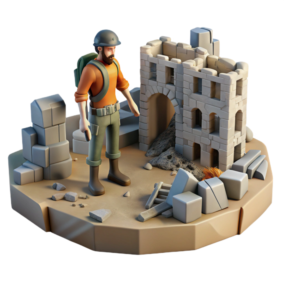 Explorer at Ruins 3D Render of a Figure Exploring Ancient Stone Structures png
