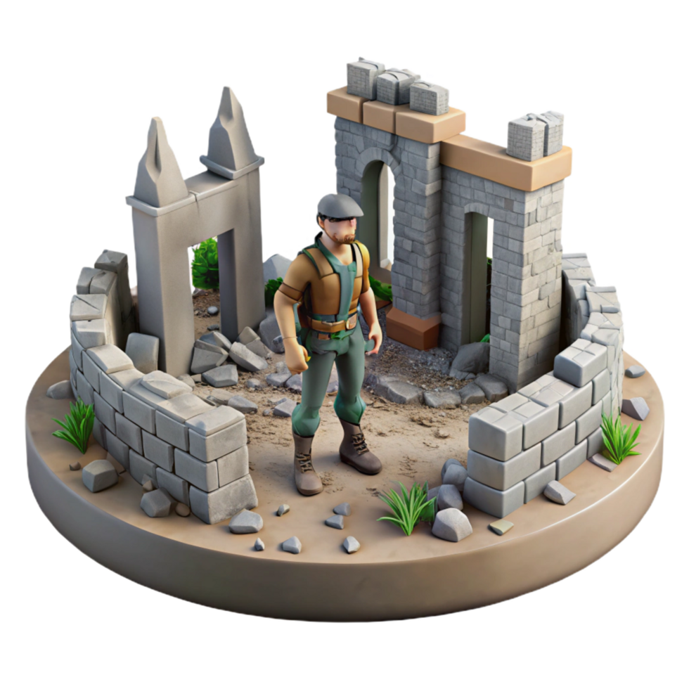 3D Render of Worker Amidst Ruins Stone Wall, Archway, and Debris png