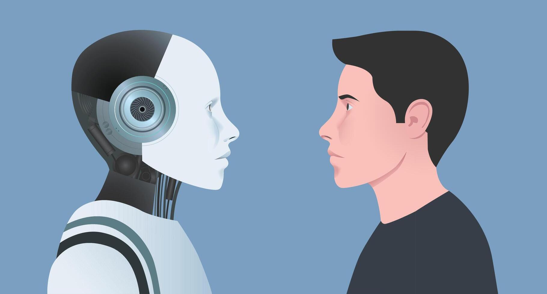 Machine vs human. AI robot and man facing each other. Concept of artificial intelligence vector