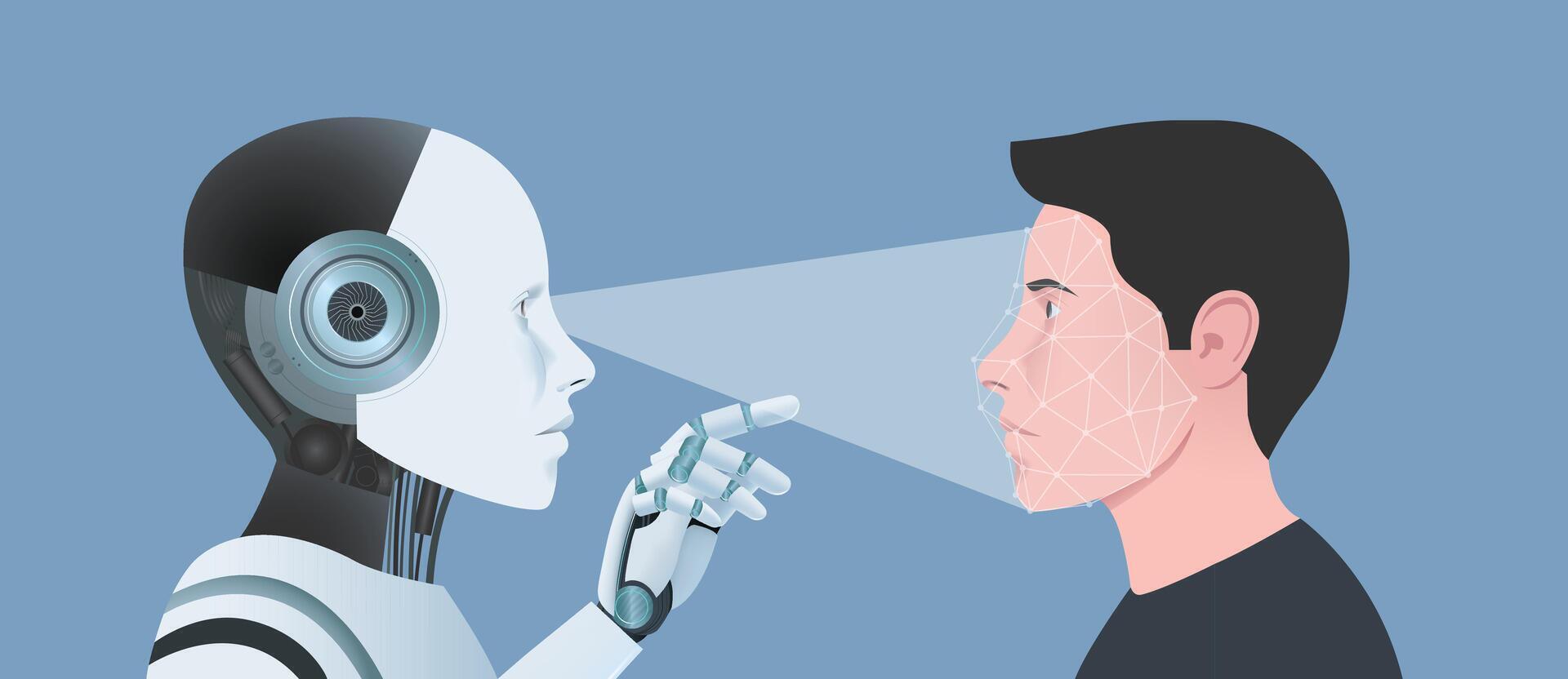 AI robot identifying a man's face, Face scanning technology, biometrics and face recognition concept vector