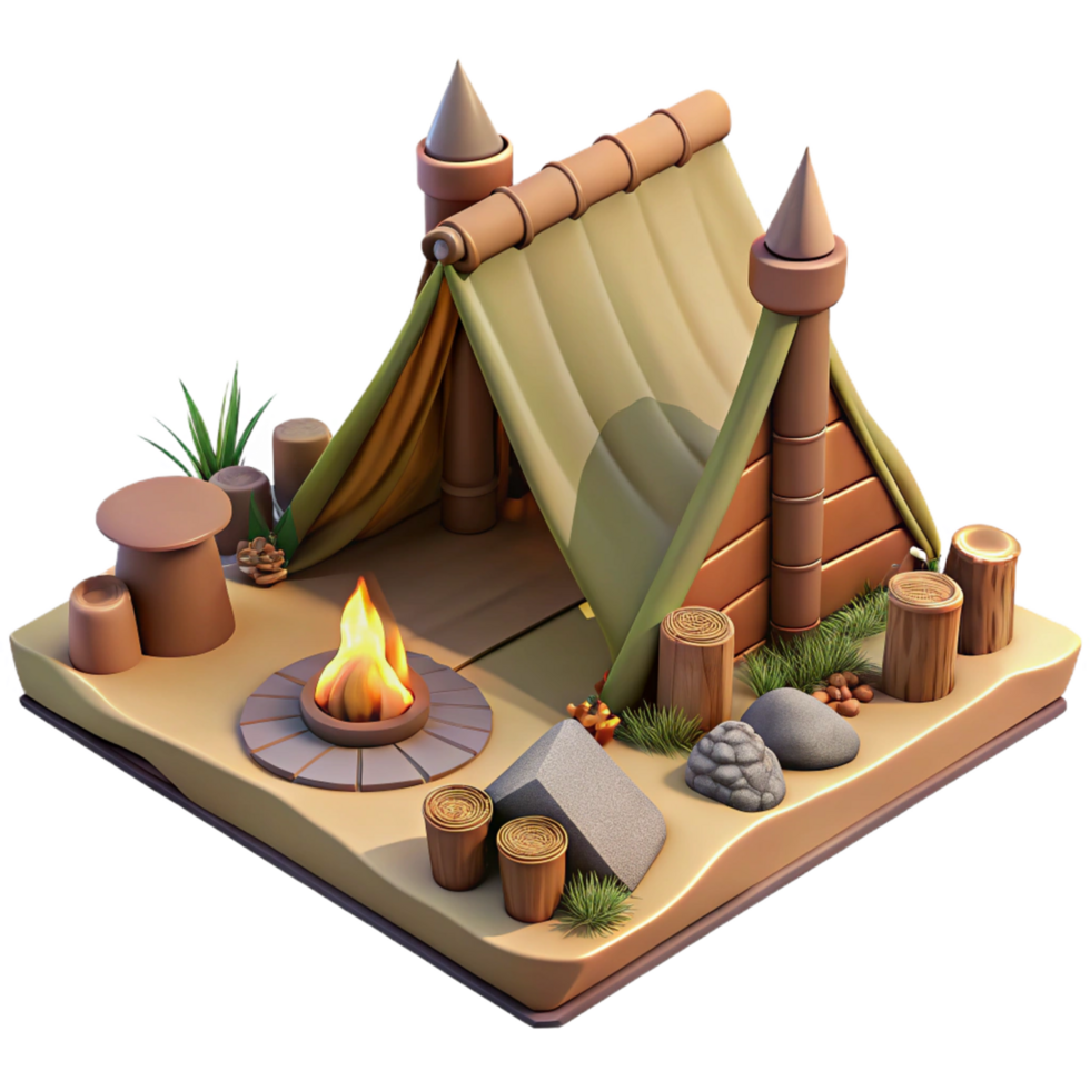 Campfire and Tent 3D Render Isometric View of Wilderness Scene png
