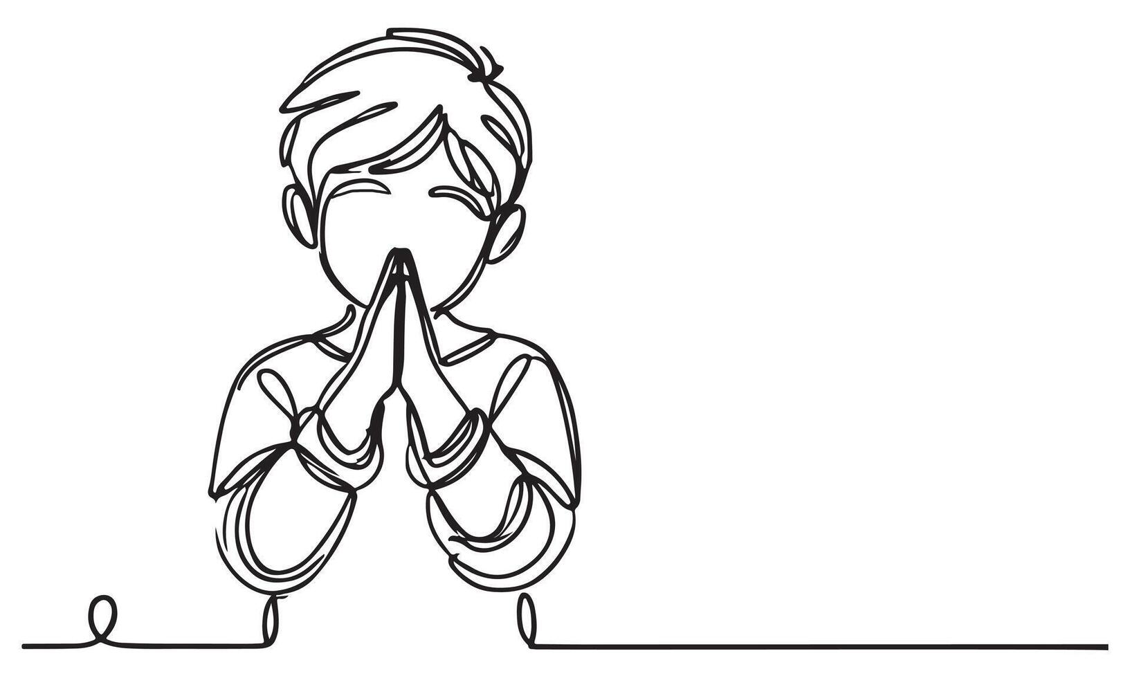 continuous one single black line art doodle drawing of kid sitting and apologize hand gesture to pray vector