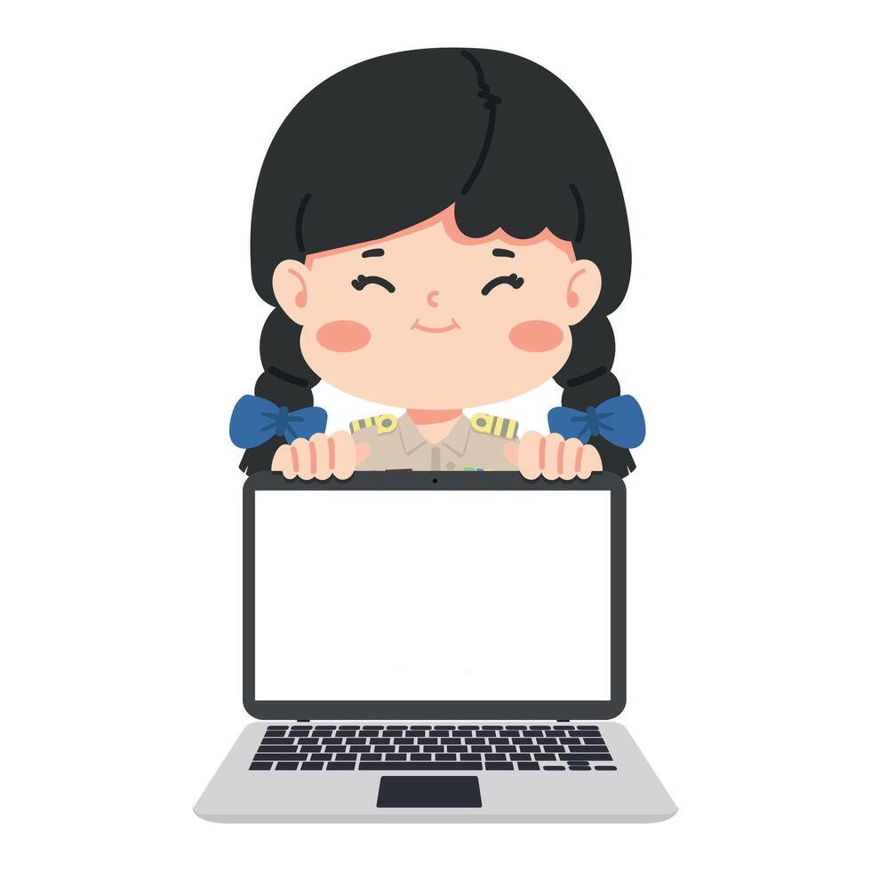 Teacher holding a laptop banner vector