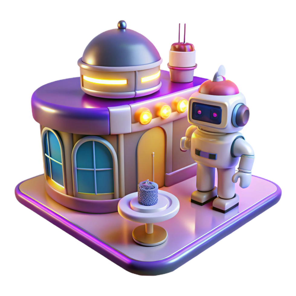 Futuristic Robot Cafe 3D Render of Automated Food Service png