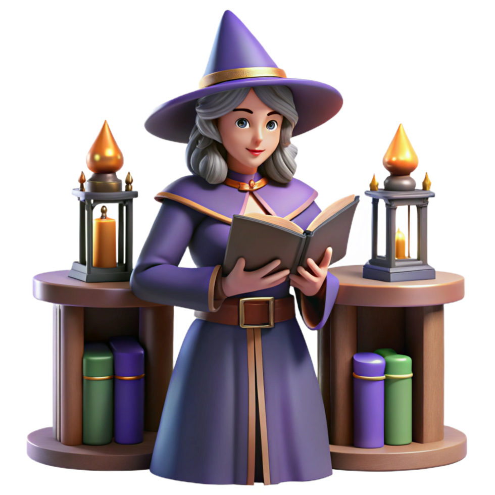 Enchanted Witch Reading Ancient Book in Cozy Library png