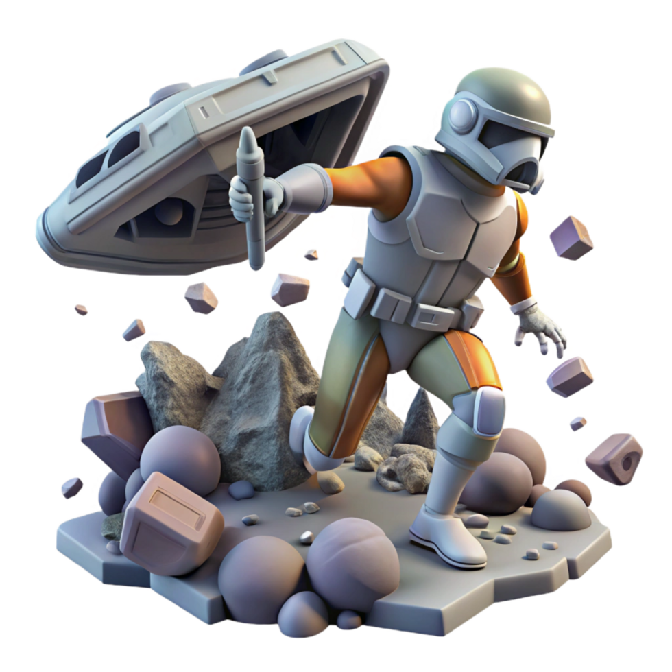 3D Render of Futuristic Soldier in Rocky Terrain with Shield png