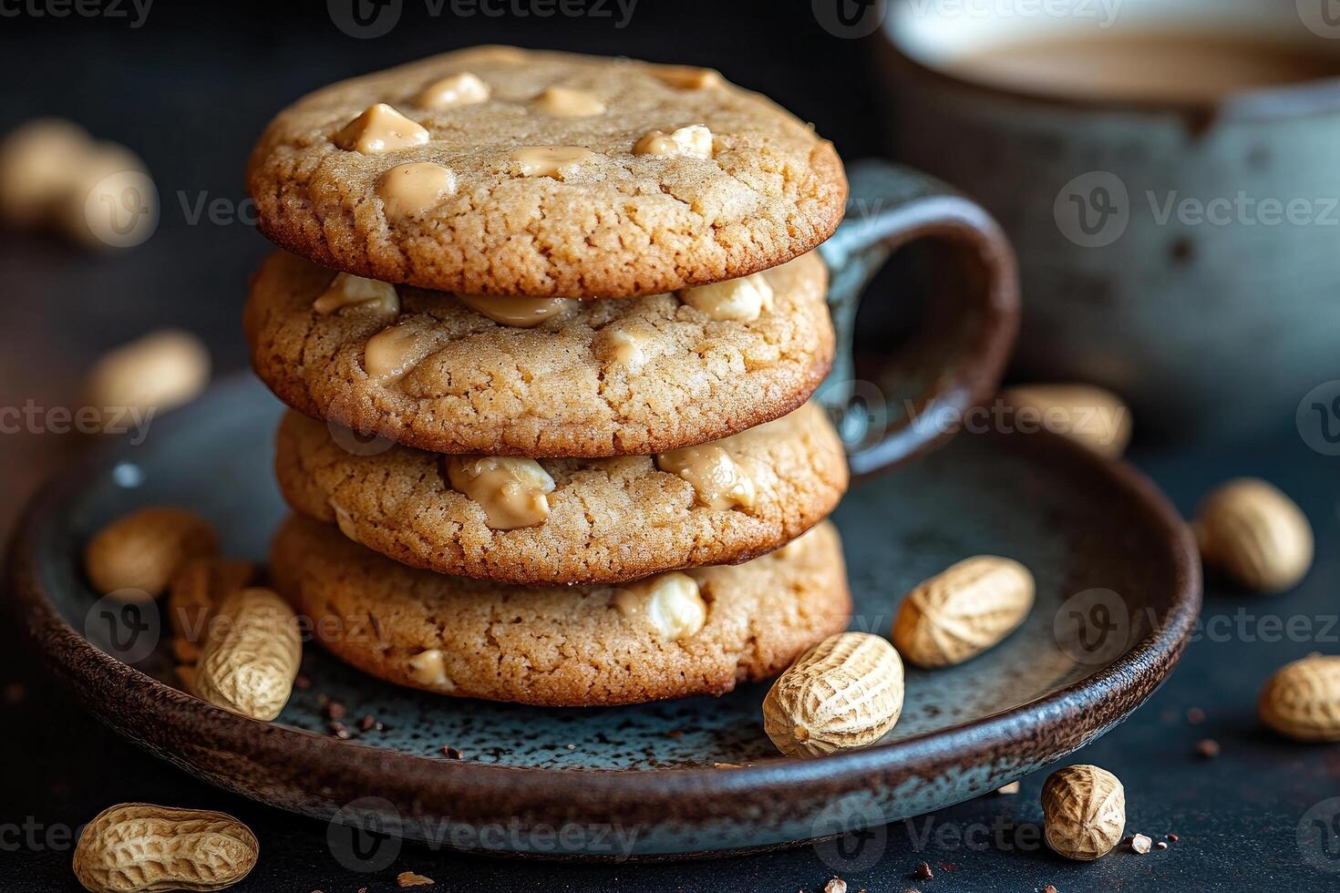Freshly baked peanut butter cookies with white chocolate chips and peanuts on a plate with a cup of coffee photo