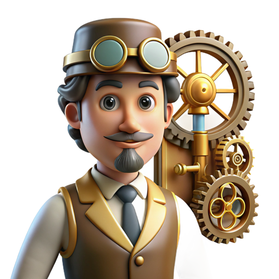Steampunk Inventor 3D Render of a Gear Wielding Engineer png