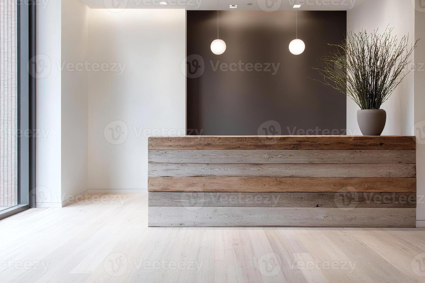 The reception area features a stylish desk made from reclaimed wood, complemented by soft lighting and natural textures like bamboo flooring, creating a welcoming atmosphere photo