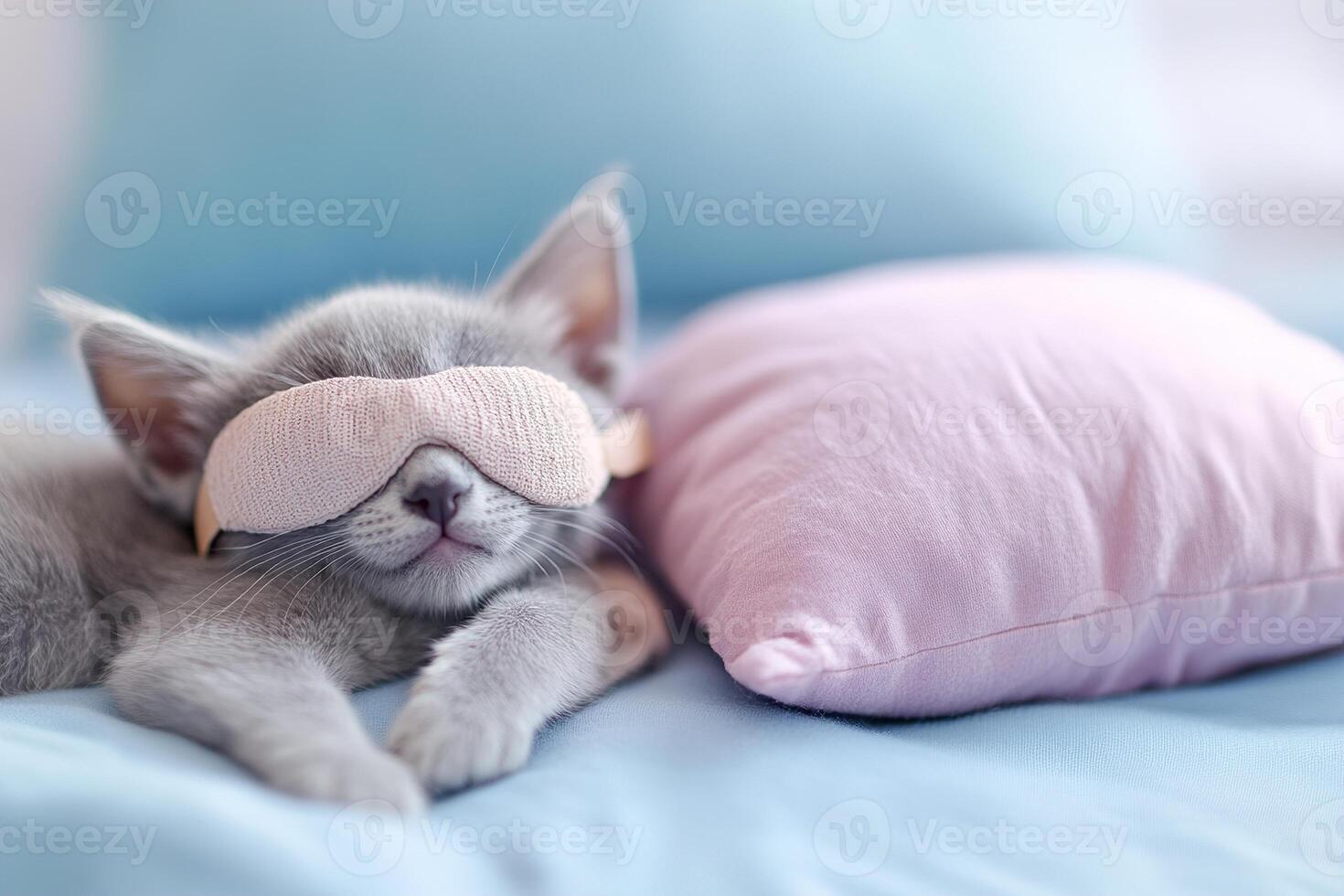 A cozy setting features a sleeping pet with a tiny sleep mask beside a miniature pillow. Soft lighting adds warmth and highlights the charming atmosphere of the peaceful moment photo