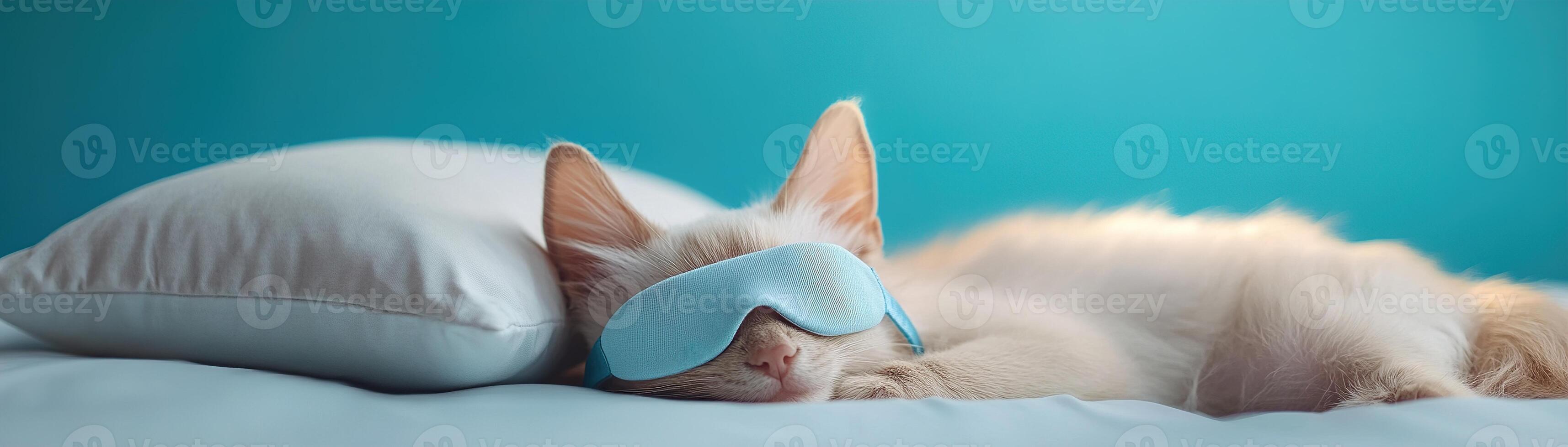 A playful pet is peacefully sleeping while wearing a tiny sleep mask next to a small pillow. The softly lit atmosphere enhances the cuteness and tranquility of the moment photo