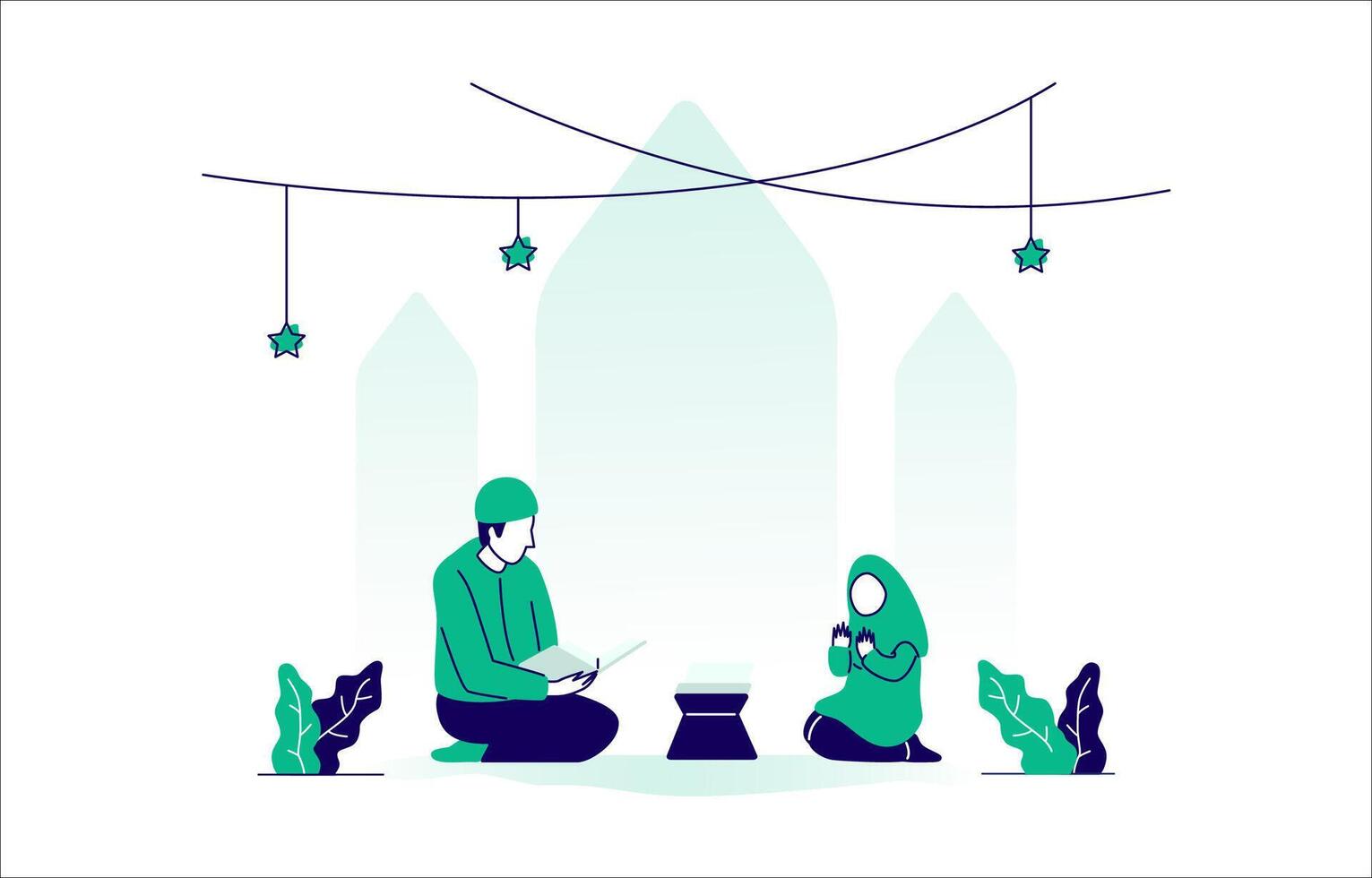 Father and Daughter Praying Together After Reading the Qur'an vector