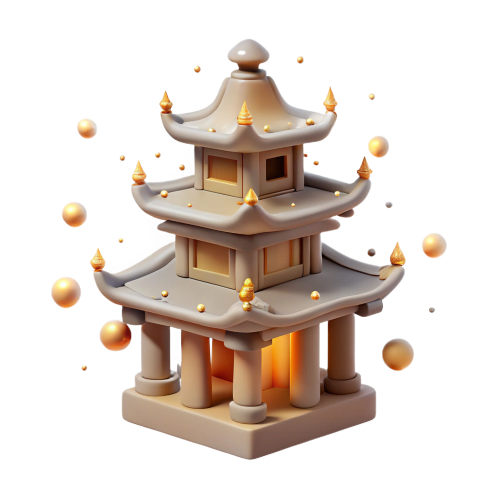3D Render of Asian Pagoda with Golden Accents and Floating Spheres png