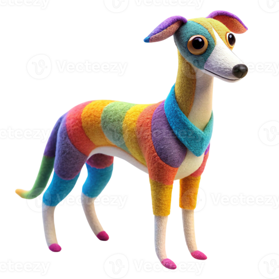 A dog made of felt with colorful stripes png