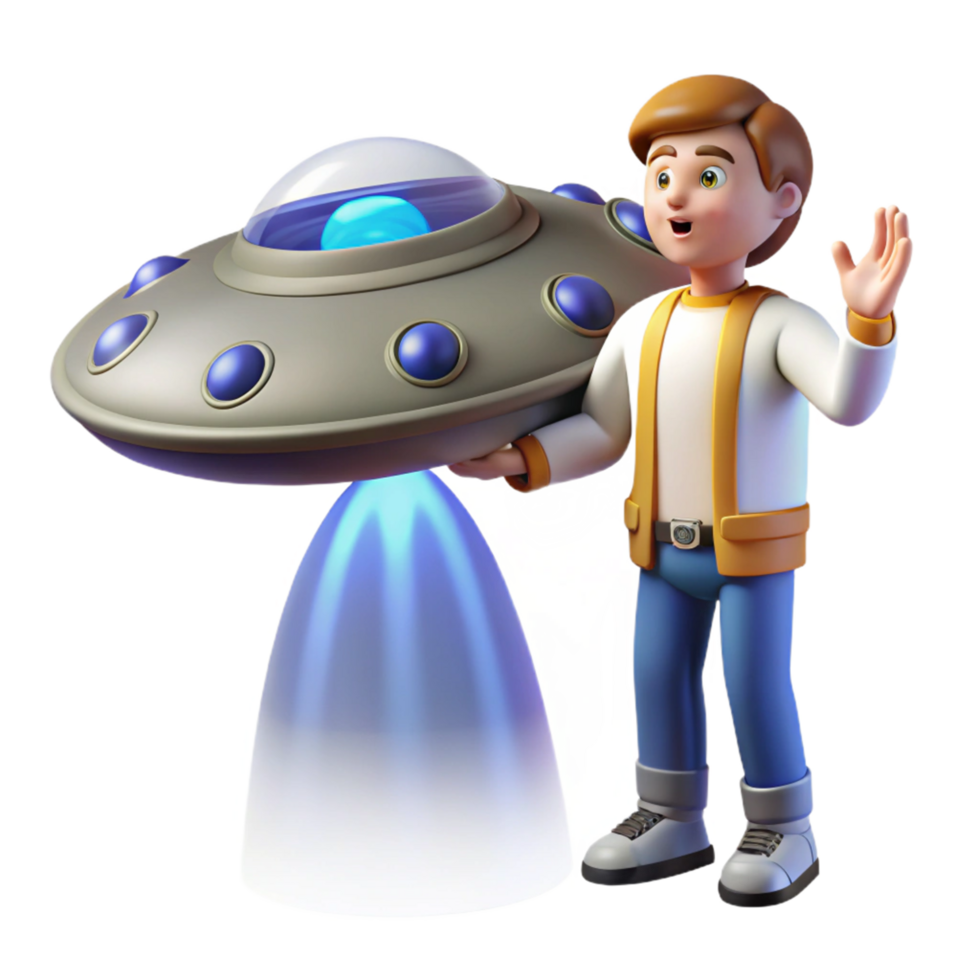 3D Render of Boy with UFO and Propulsion System png