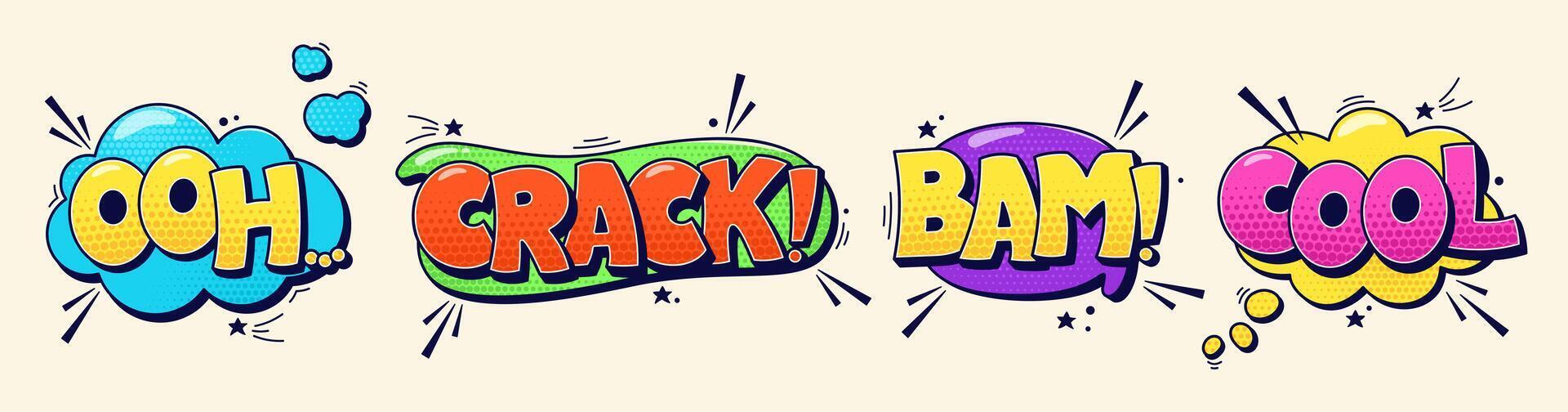 Speech bubbles pack with Ooh Crack Bam Cool worlds and halftone elements. Color cartoon comic illustrations. vector