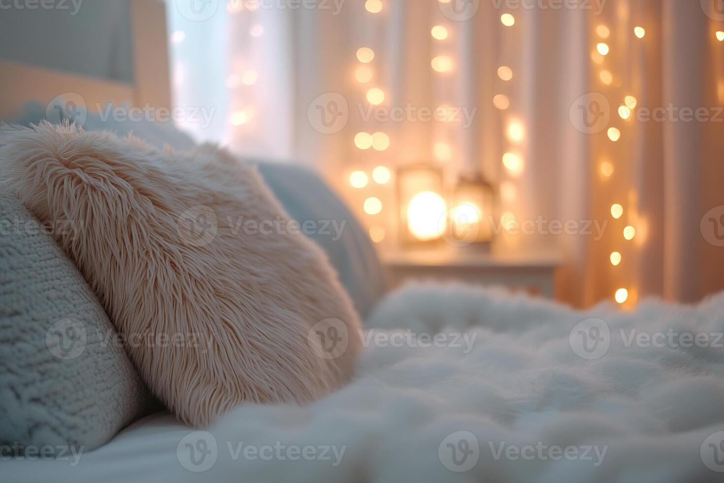 This softly lit bedroom features fluffy pillows and a neatly made bed, illuminated by warm, ambient lighting that enhances the inviting atmosphere for peaceful relaxation photo