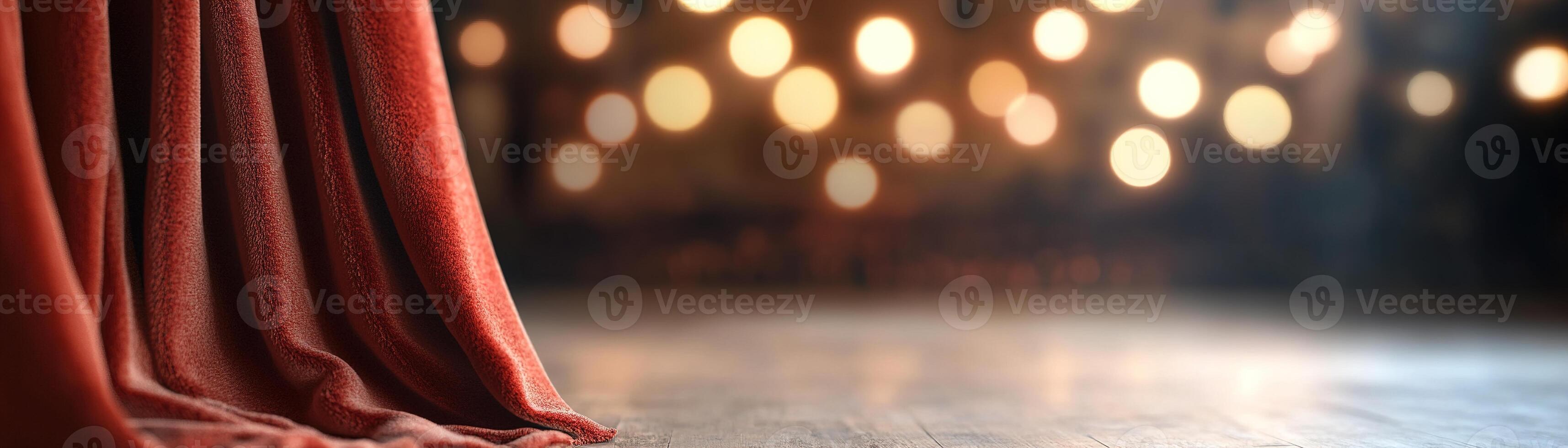 Soft golden lights gracefully highlight the stage, where red velvet curtains are partially open. The atmosphere is filled with anticipation as the audience waits, blurred beyond the curtains photo