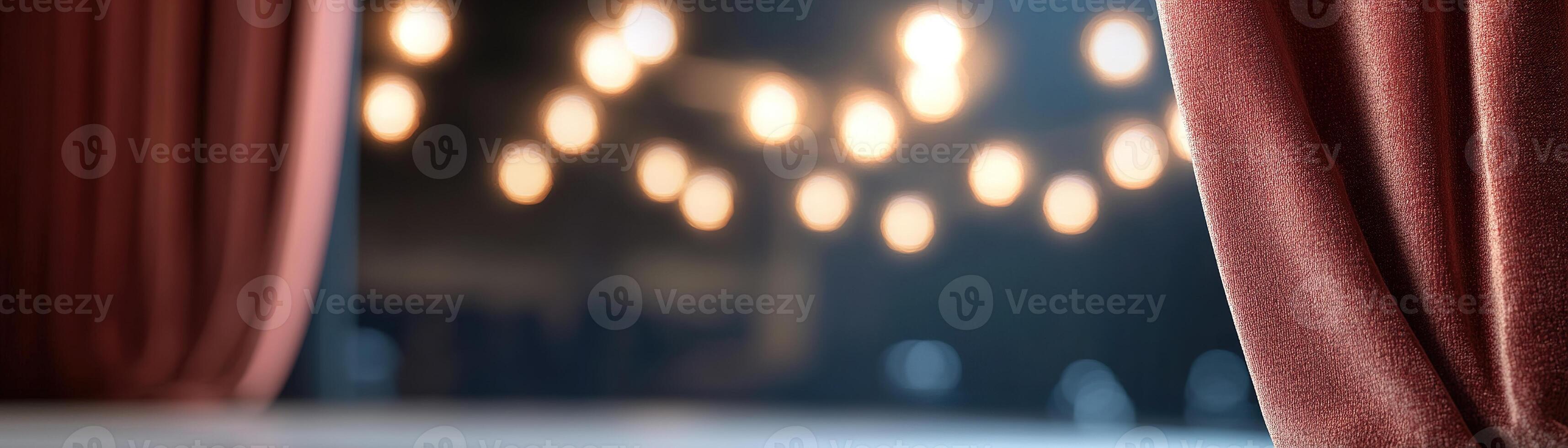 Soft golden lights illuminate the stage where rich red velvet curtains are drawn partially back, hinting at an intimate atmosphere and eager audience anticipation for the show ahead photo