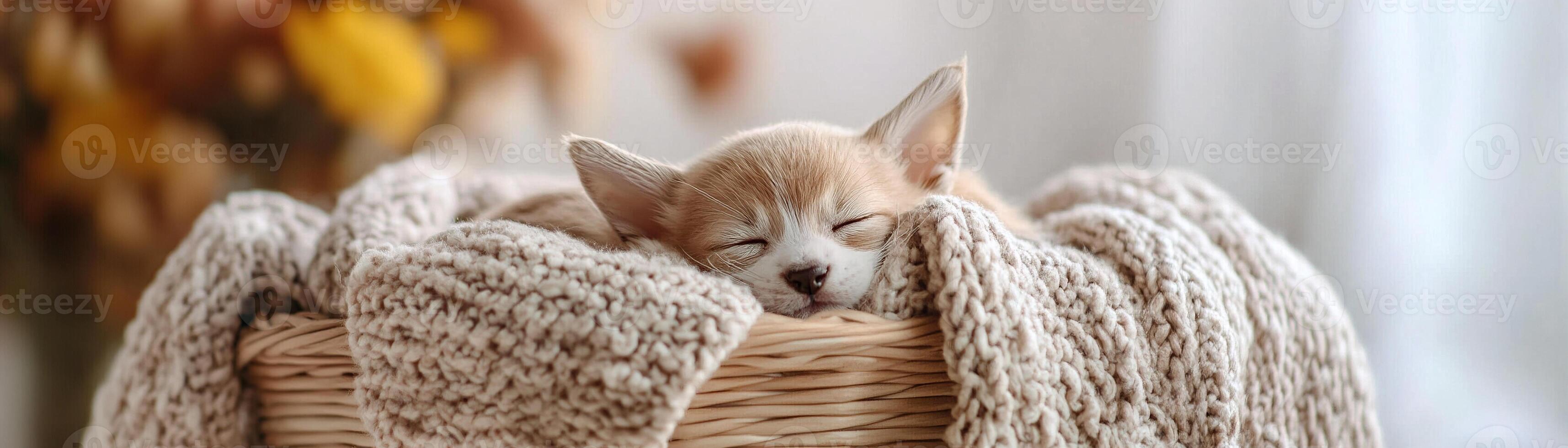 A tiny pet snuggles comfortably in a wicker basket filled with soft blankets, surrounded by blurred colorful flowers, creating a serene rustic atmosphere photo