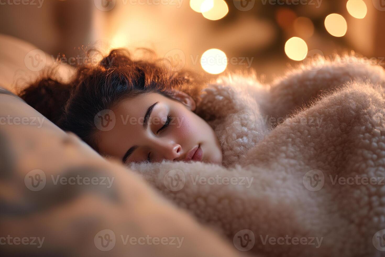 A woman lies on her side, wrapped in a thick, fluffy blanket, exuding tranquility in a softly illuminated environment with warm background lights and a bedside lamp photo