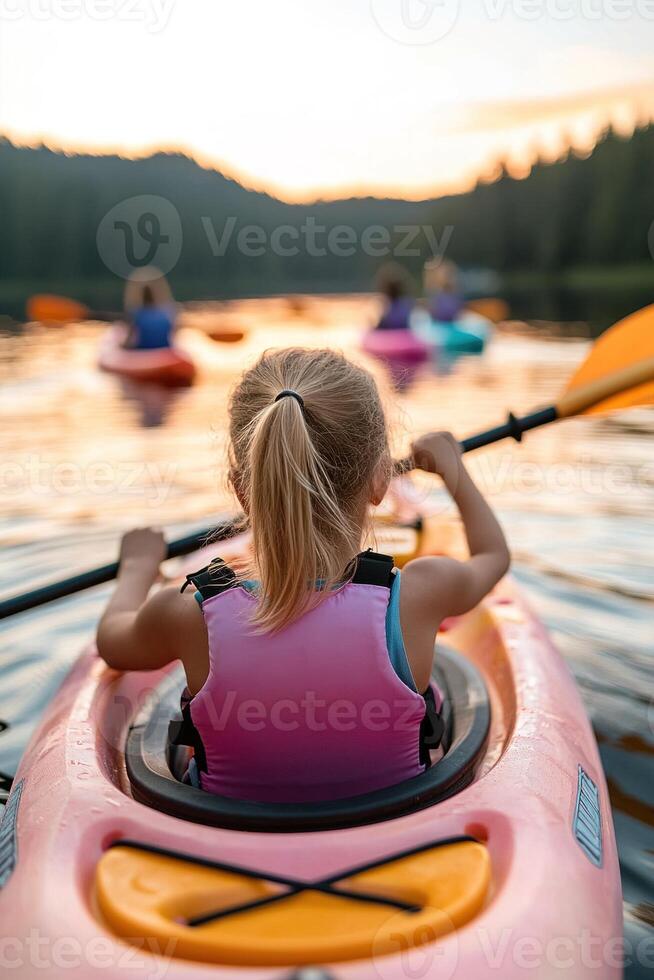 Brightly colored kayaks glide across a calm lake as children paddle joyfully in the early evening light, framed by soft mountain silhouettes in the background photo