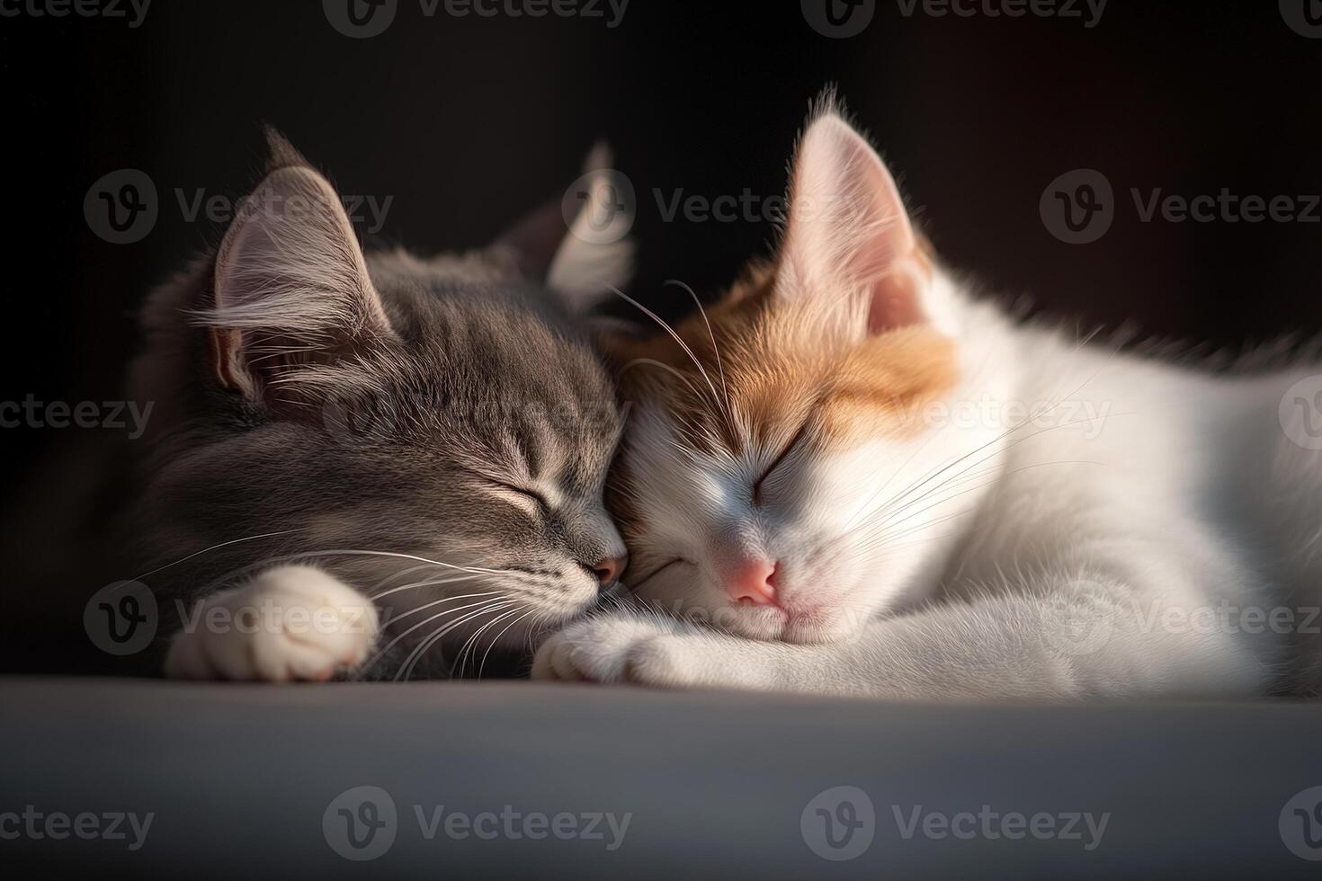 A puppy and kitten rest peacefully, touching noses in a cozy embrace. The warm ambient light enhances their bond, creating a serene and loving atmosphere perfect for relaxation photo