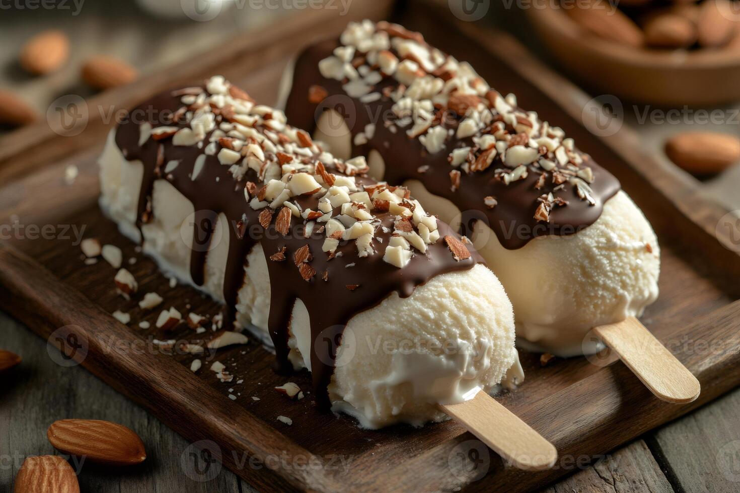Delicious vanilla ice cream bars covered with chocolate and chopped almonds resting on wooden tray photo