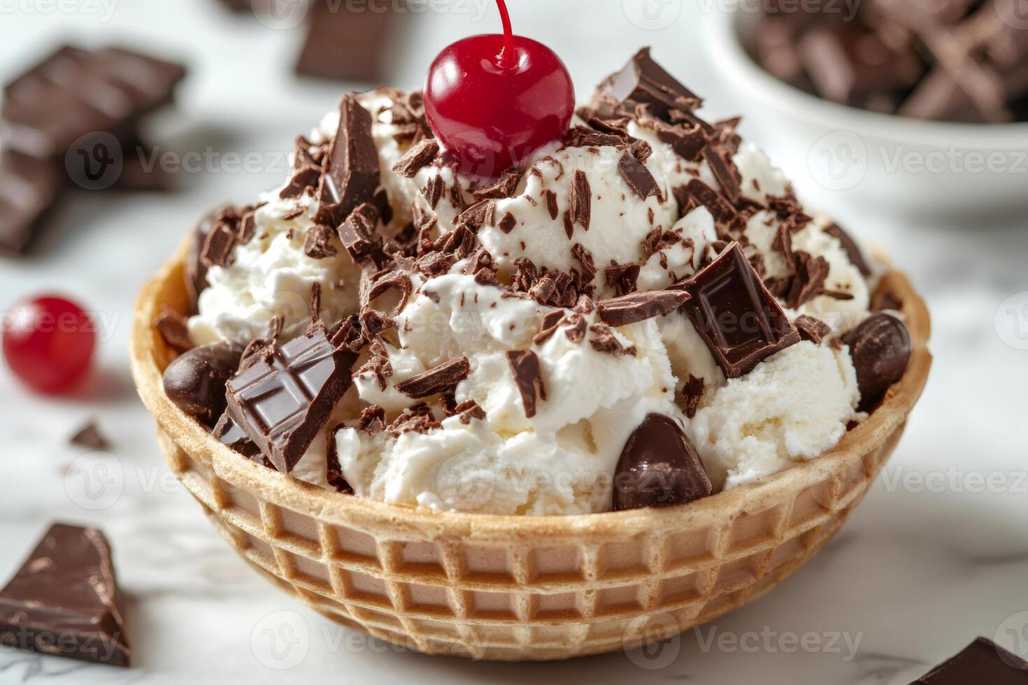 Vanilla ice cream with chocolate chunks and shavings, decorated with maraschino cherry, served in waffle bowl photo